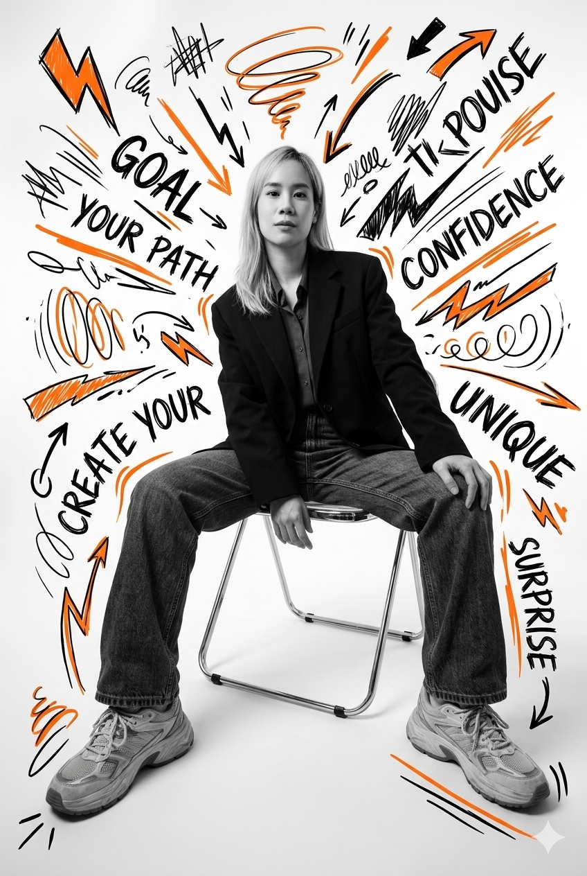 sitting casually on a minimal chrome chair