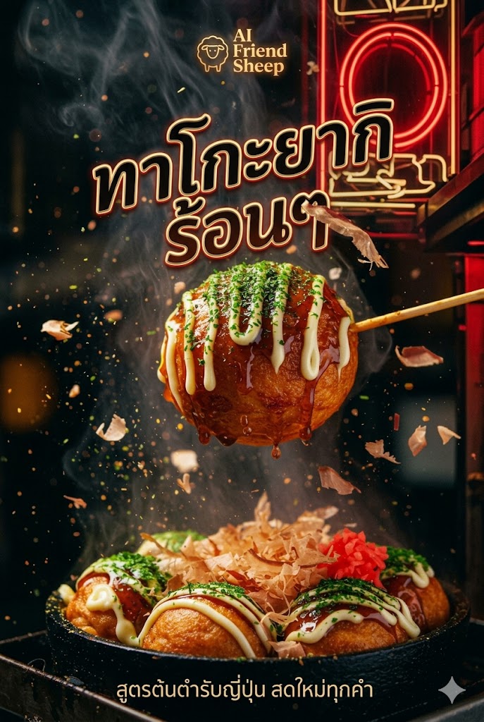 ทาโกะยากิร้อนๆ ซอสฉ่ำ โรยปลาแห้งเต้น